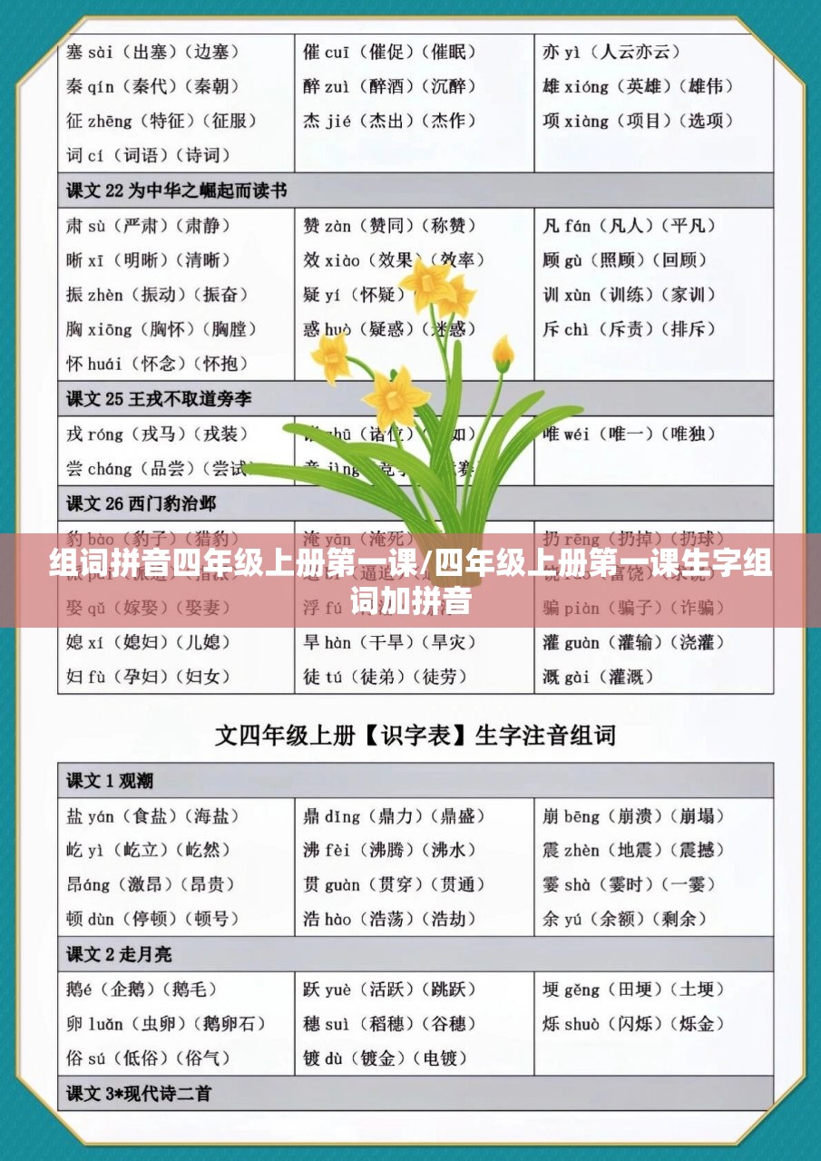 组词拼音四年级上册第一课/四年级上册第一课生字组词加拼音