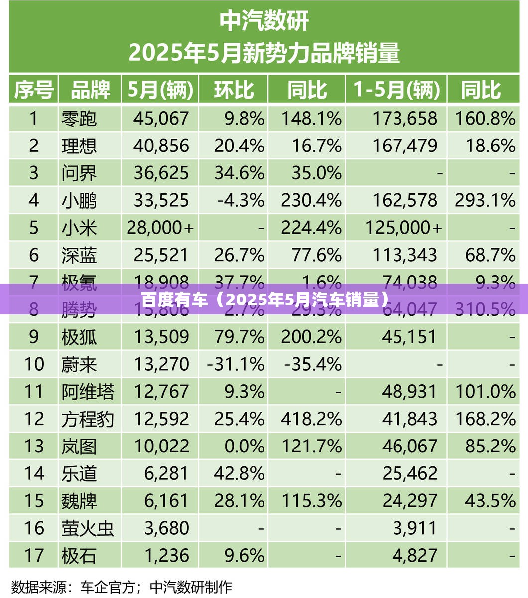 百度有车（2025年5月汽车销量）